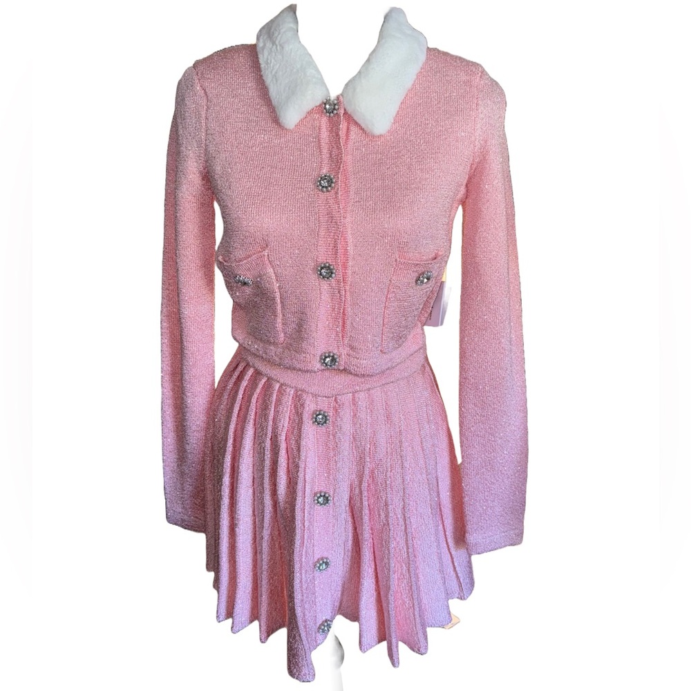 Self portrait pink knit sequined fur jacket skirt SET of 2 size us 2 XS
